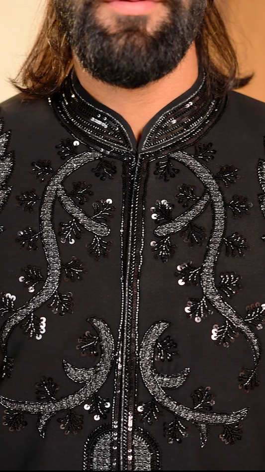 Noir Majesty: Black Cutdana 2-Piece Jodhpuri Set