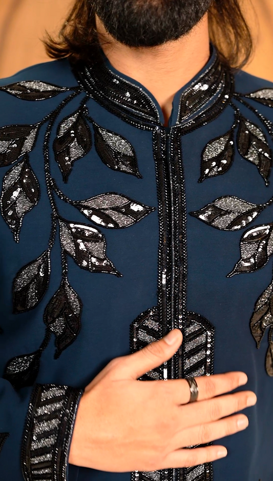 Luxe Teal Blue Cutdana 2-Piece Jodhpuri Set