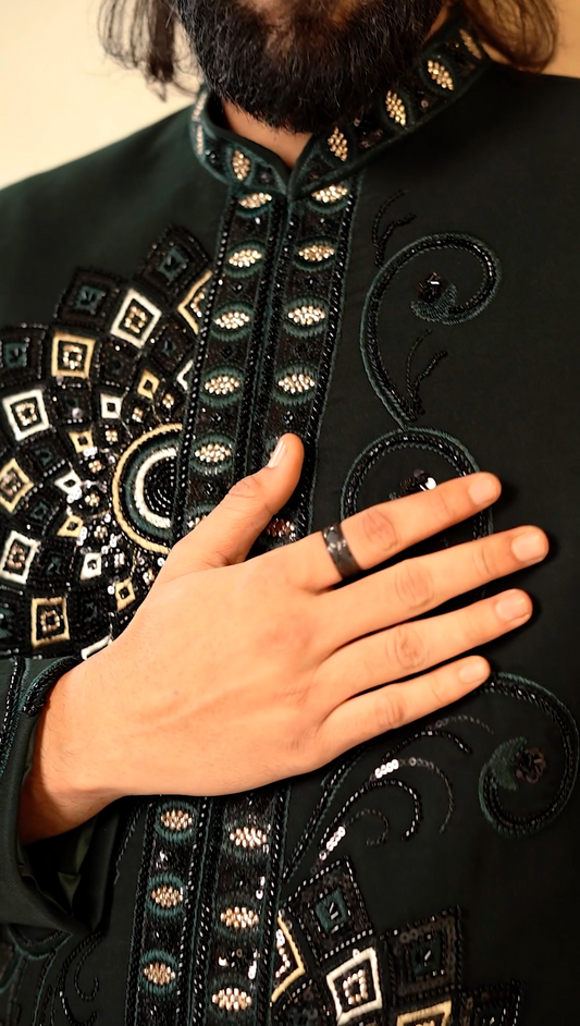 Regal Bloom Jodhpuri – 2-Piece Floral Cutdana Embroidered Suit Elegance in Dark Green