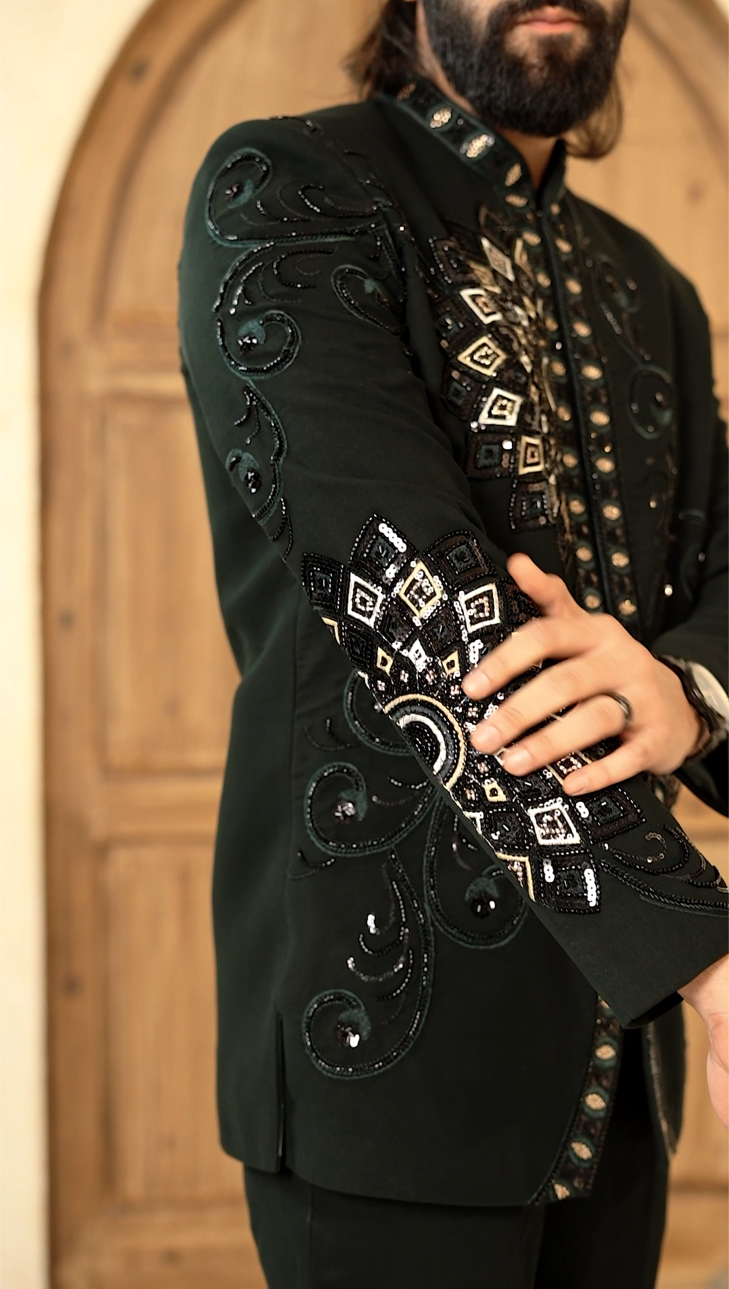 Regal Bloom Jodhpuri – 2-Piece Floral Cutdana Embroidered Suit Elegance in Dark Green