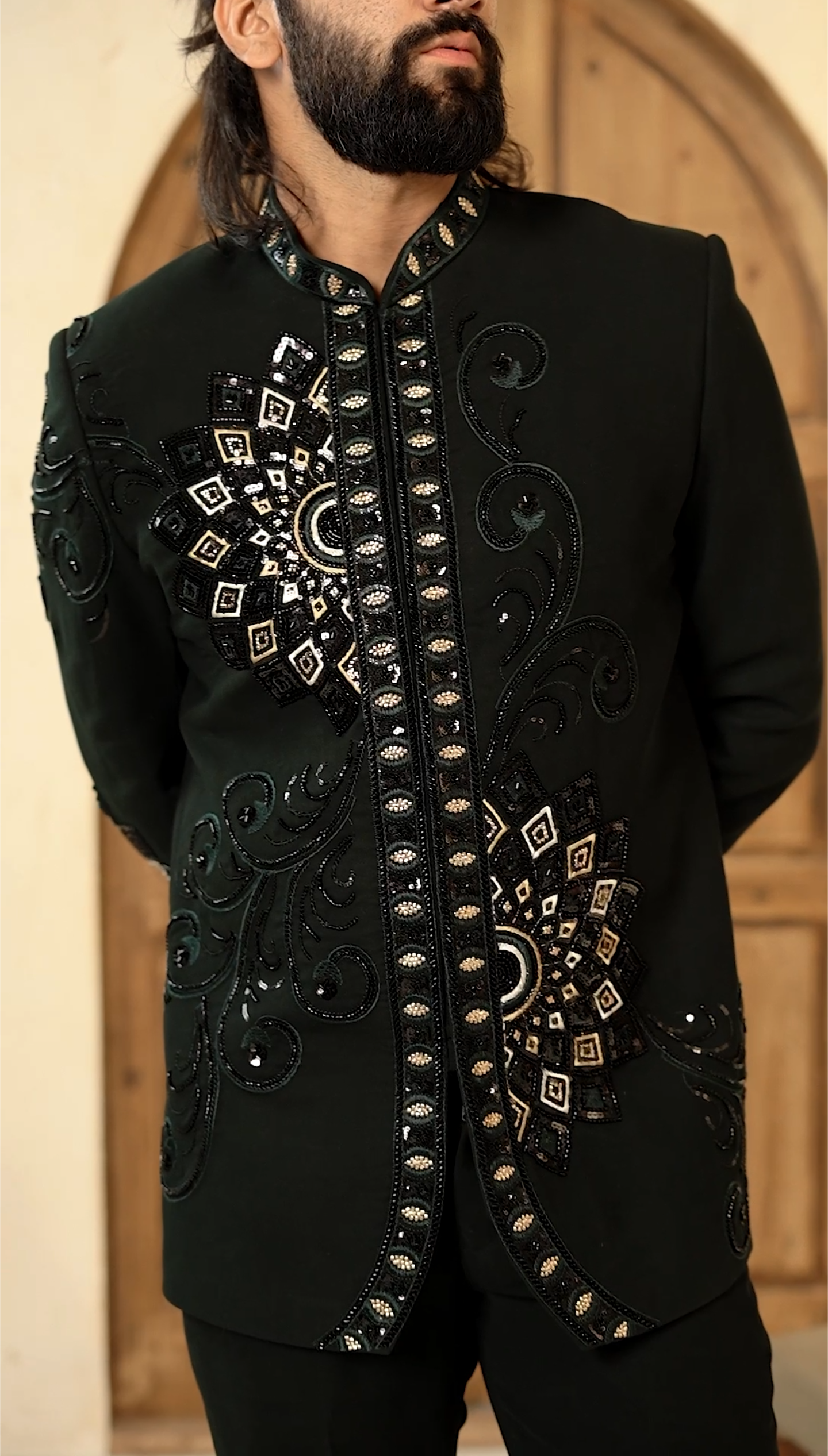 Regal Bloom Jodhpuri – 2-Piece Floral Cutdana Embroidered Suit Elegance in Dark Green