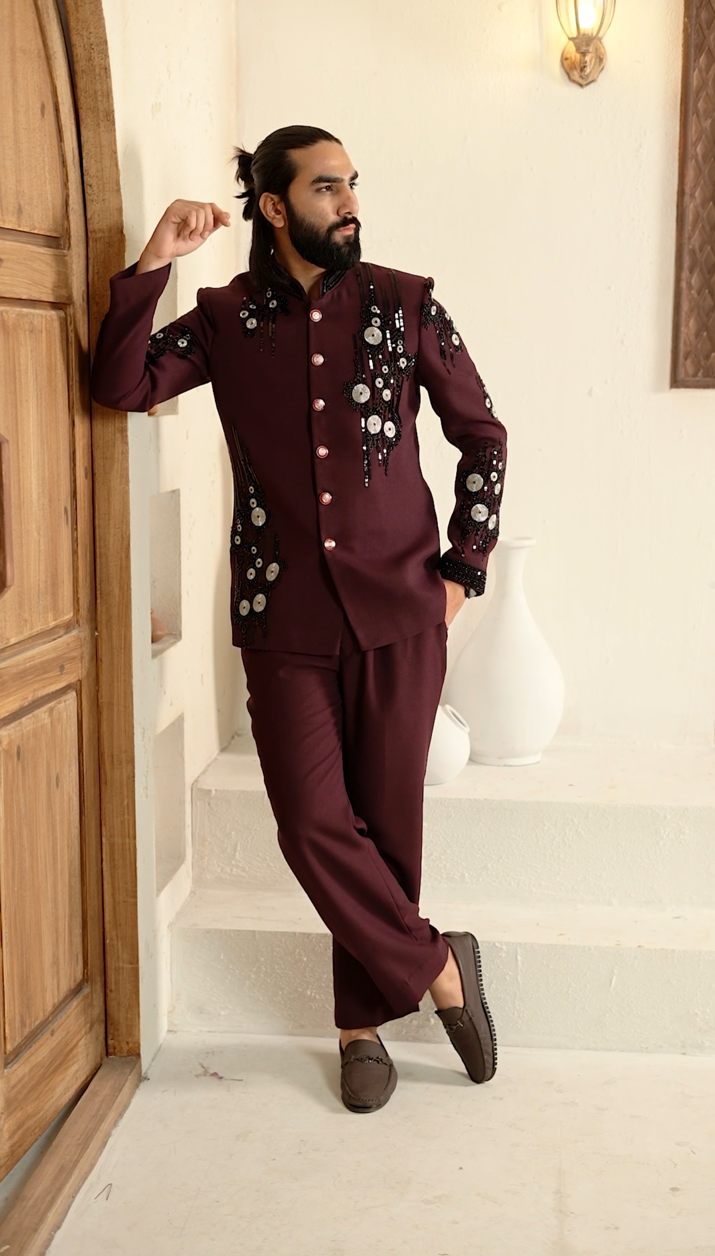 Royal Maroon Cutdana 2-Piece Jodhpuri Set