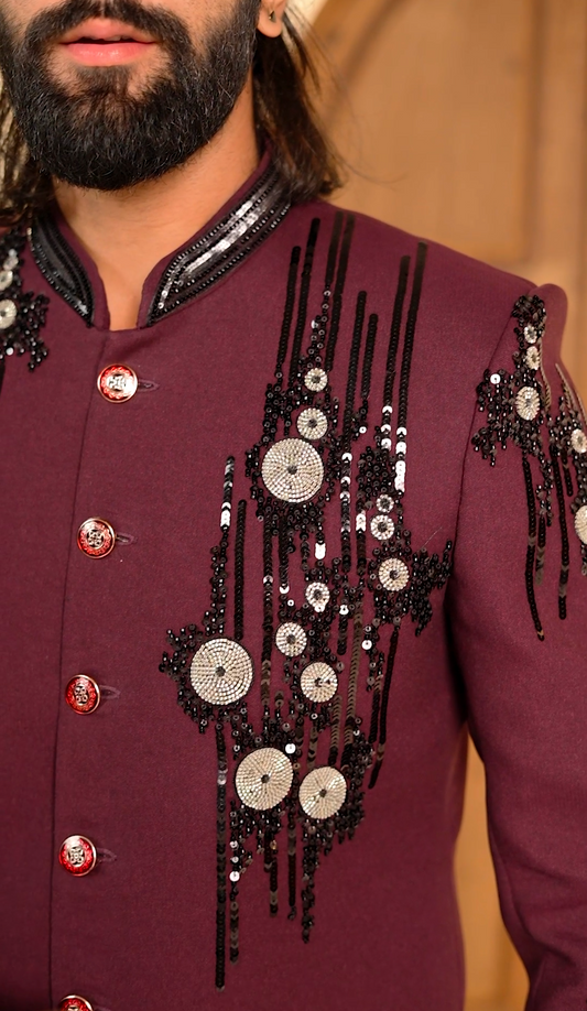 Royal Maroon Cutdana 2-Piece Jodhpuri Set