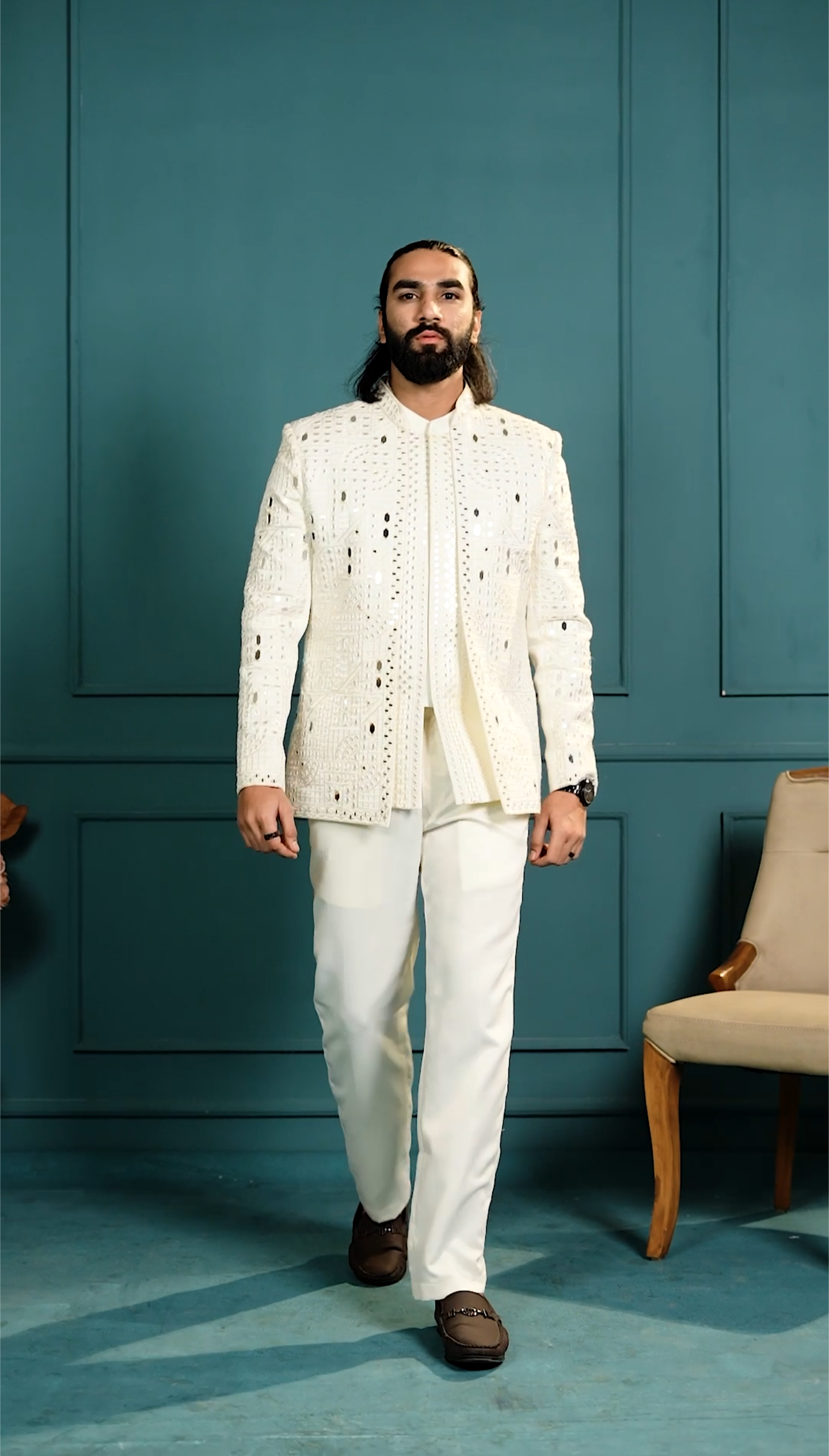 Elite Jodhpuri 3-Piece Suit – Mirror & Sequin Embroidered Elegance in White