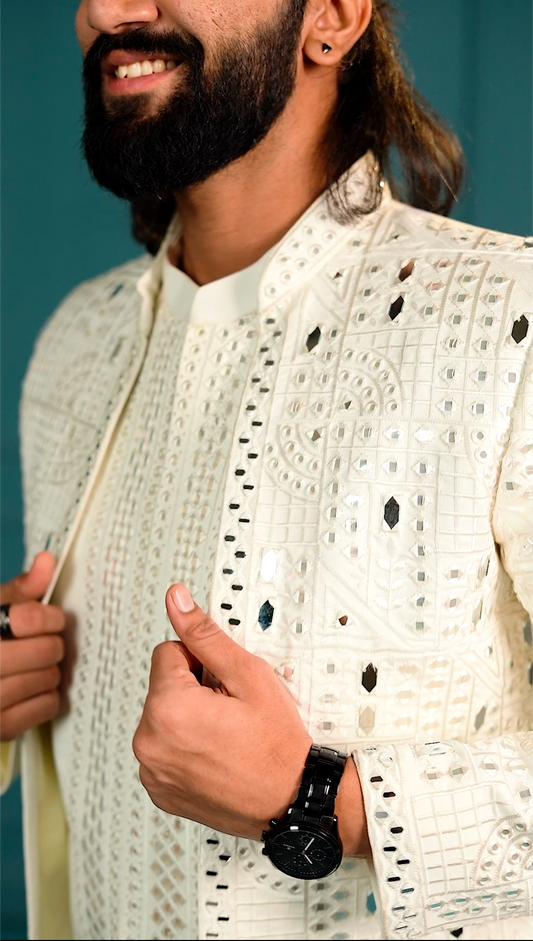 Elite Jodhpuri 3-Piece Suit – Mirror & Sequin Embroidered Elegance in White