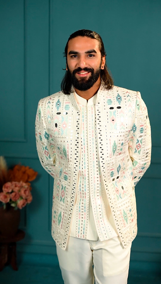 Royal Reflection: Colored Mirror-Embellished 3-Piece Jodhpuri Set