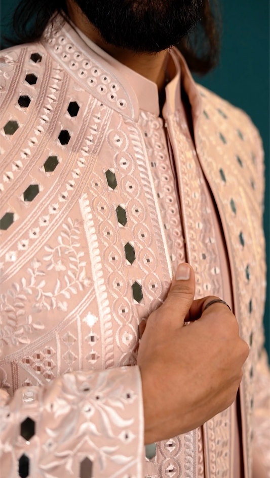 Luxury Peach Mirror 3-Piece Indo Western Set