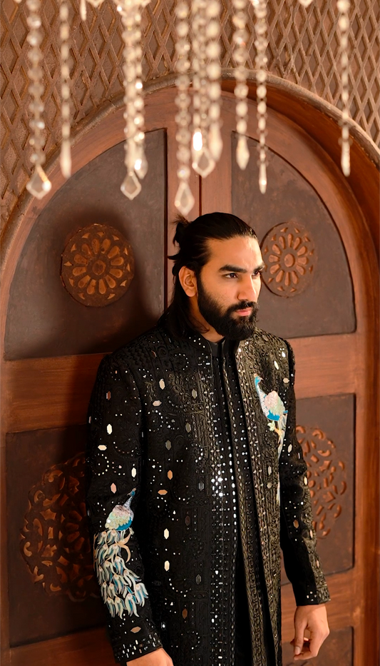 Elegant Black Mirror Peacock 3-Piece Indo Western Set