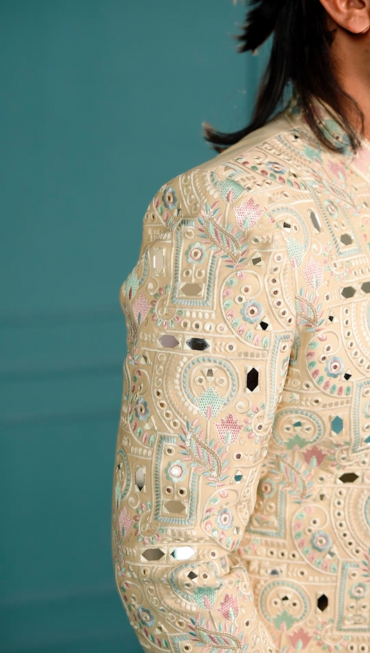 Elegant Beige Mirror 3-Piece Open Jodhpuri Western Set