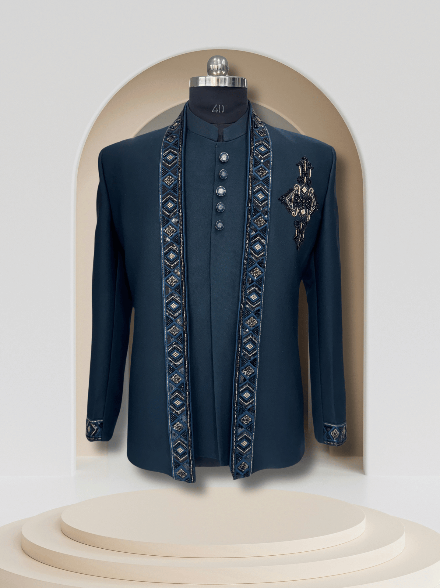 Signature Jodhpuri 3-Piece Suit – Embroidered One-Side Chest Butta Elegance in Rama Green