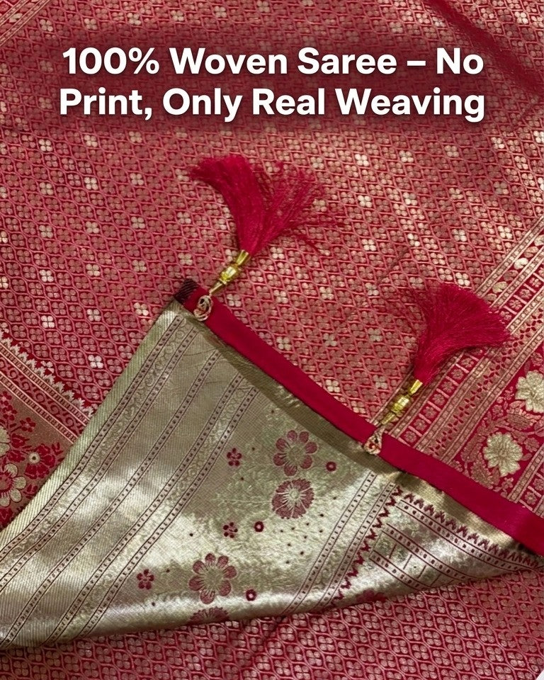 Red and gold saree with tassels on a red background, text indicating '100% Woven Saree - No Print, Only Real Weaving'.
