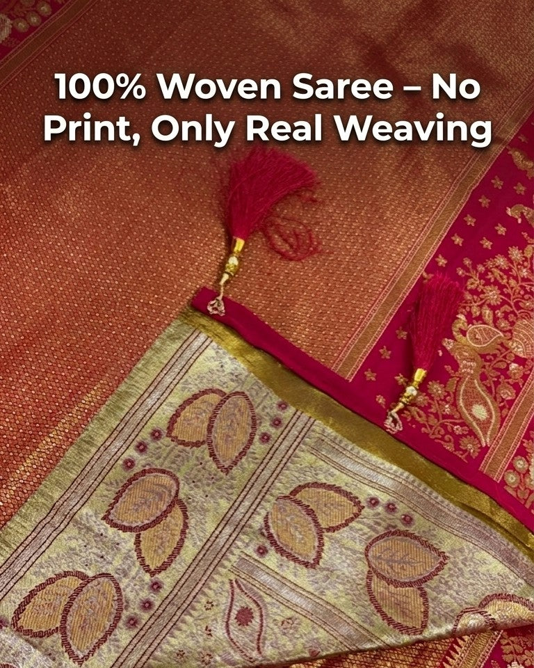 Woven saree with a red and gold border, featuring text '100% Woven Saree - No Print, Only Real Weaving'.
