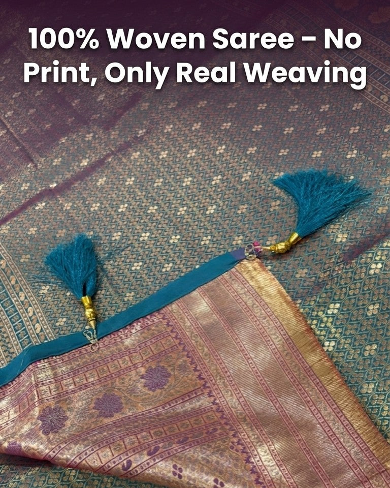 Woven saree with tassels on a textured surface, text indicating '100% Woven Saree - No Print, Only Real Weaving'.