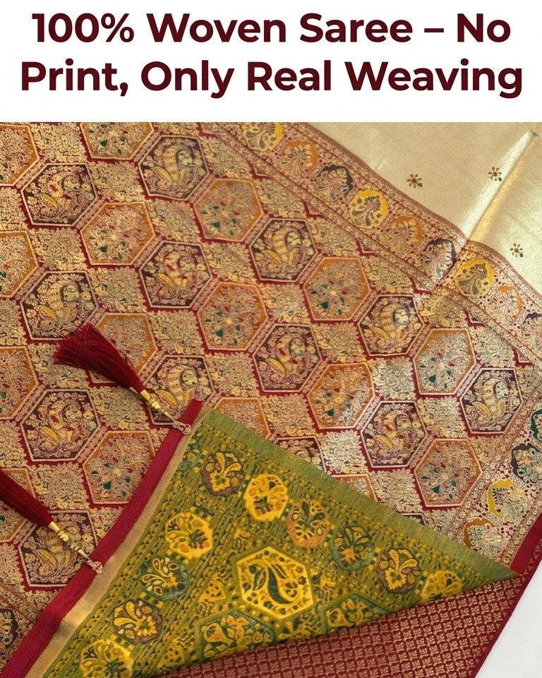 Woven saree with intricate patterns and a tassel on a plain background