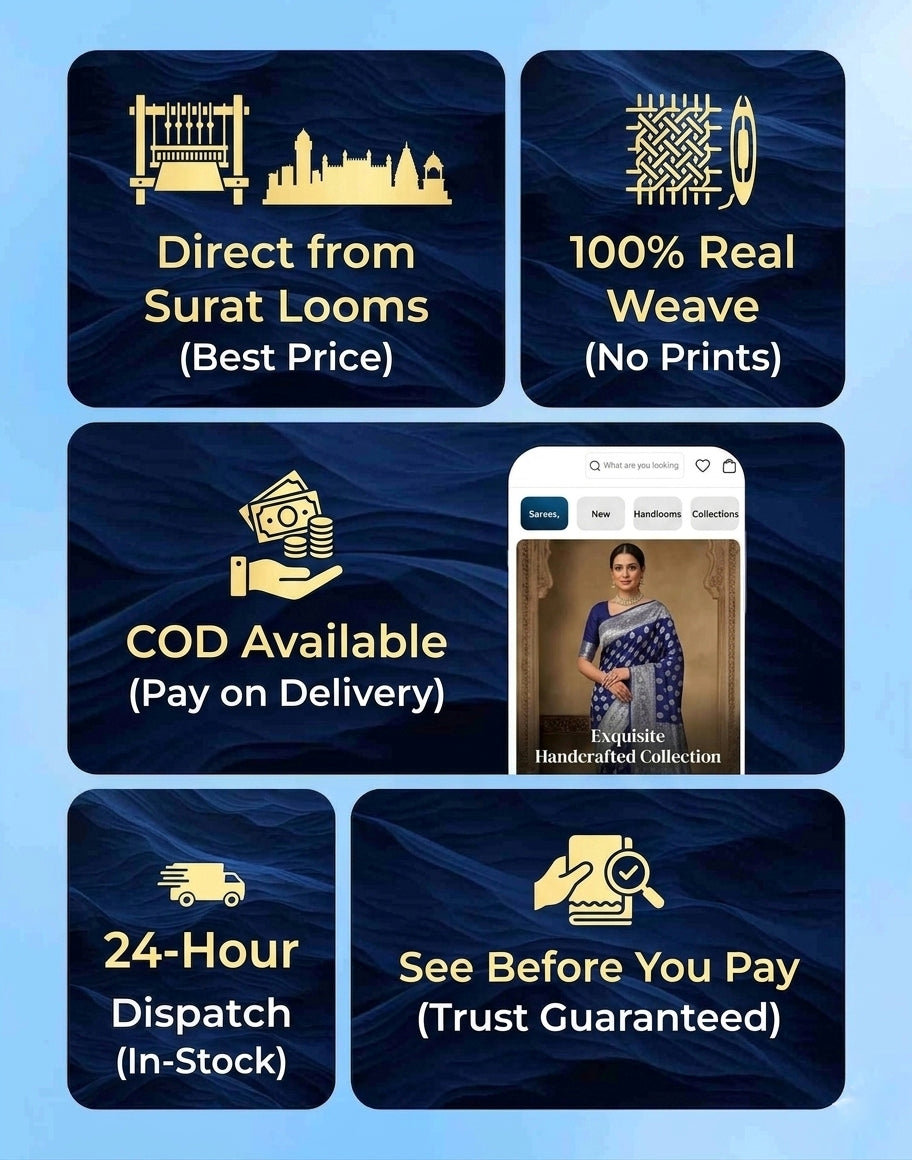 Promotional graphic with text and icons about a product from Surat looms on a blue background.