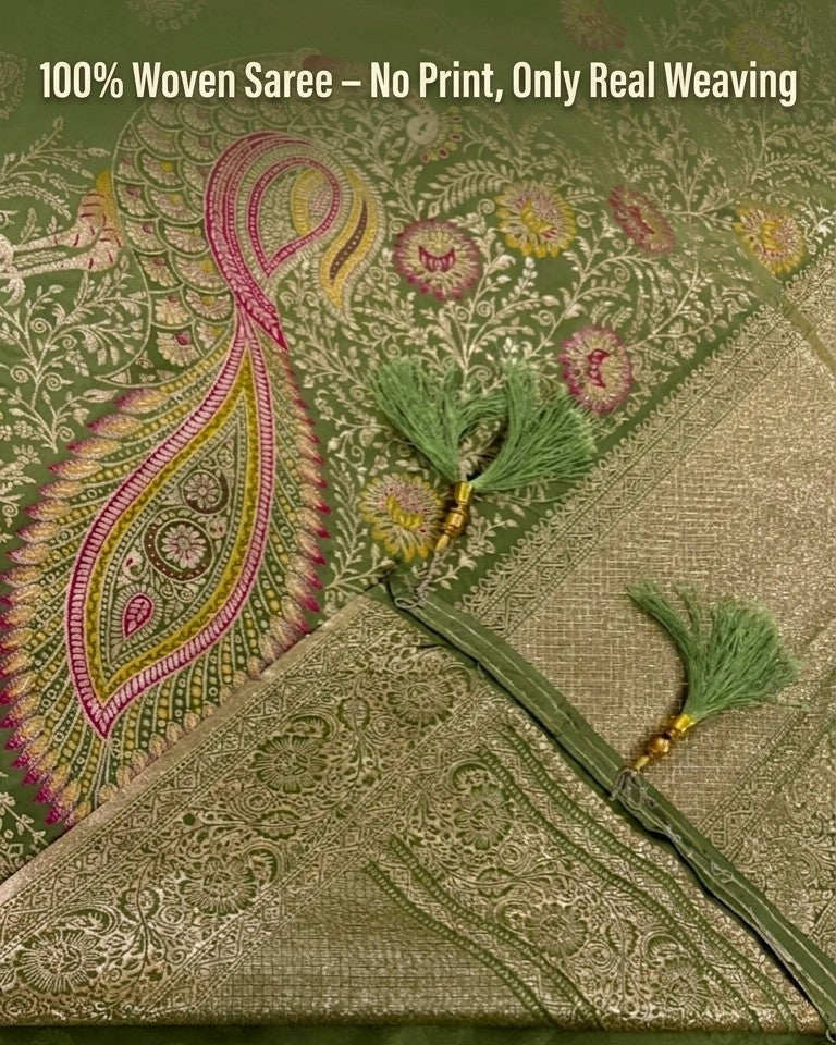 Woven saree with intricate patterns and tassels on a green background