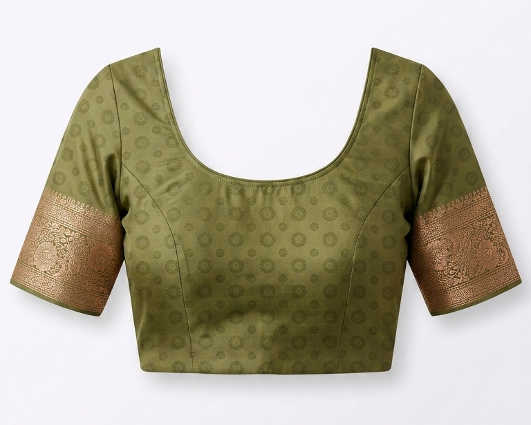 Green blouse with brown sleeves on a white background