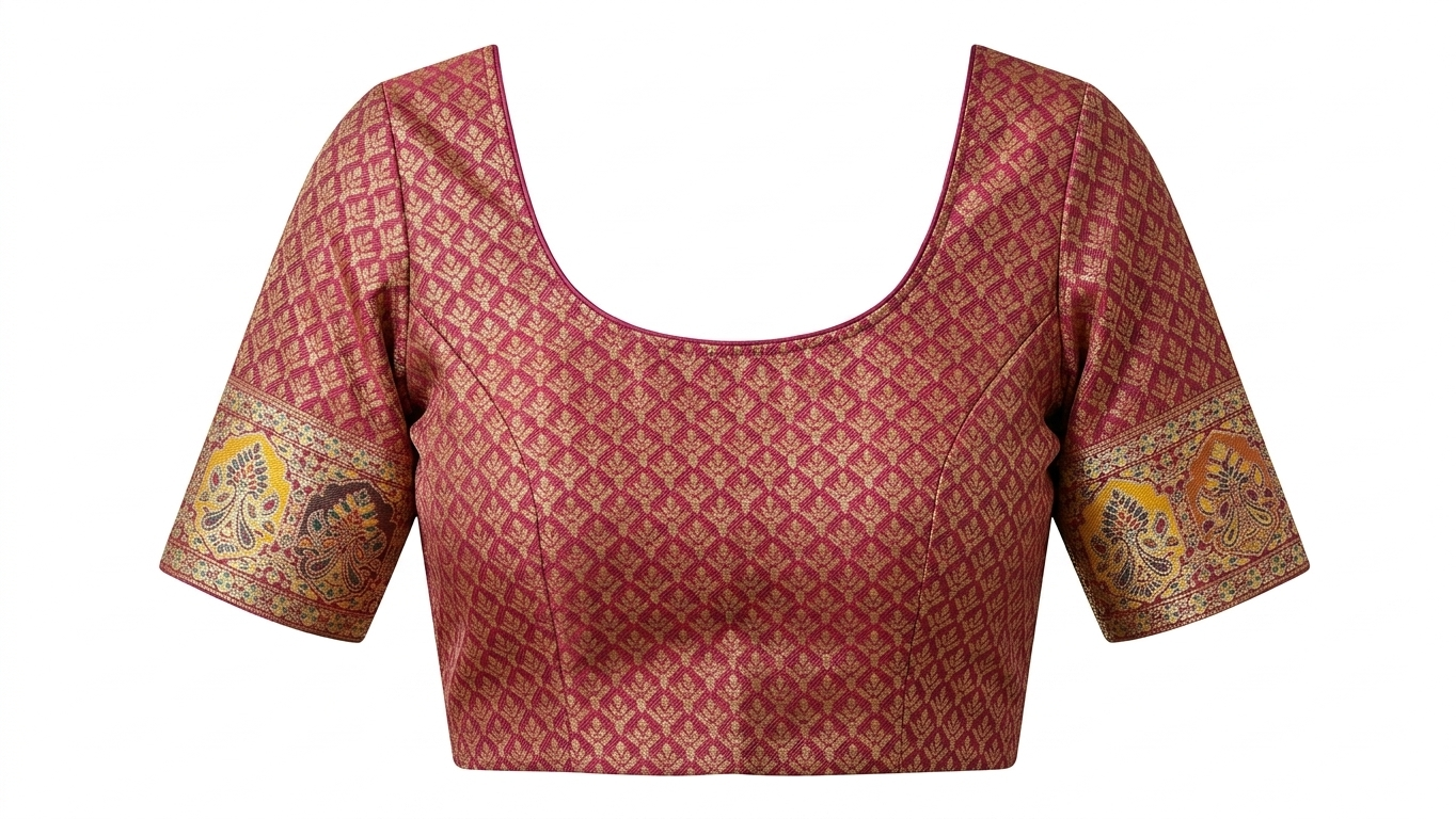 Red patterned blouse with decorative sleeves on a white background