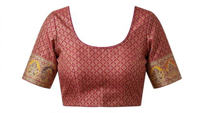 Red patterned blouse with decorative sleeves on a white background