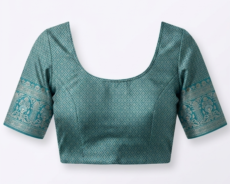 Green blouse with intricate patterns on a white background