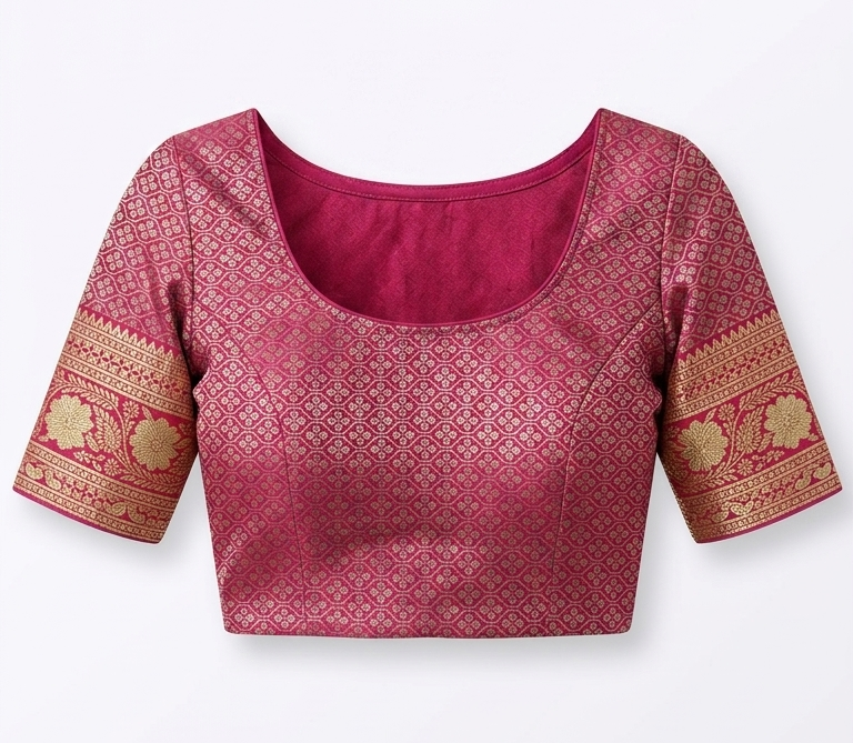 Red blouse with gold patterns on a white background