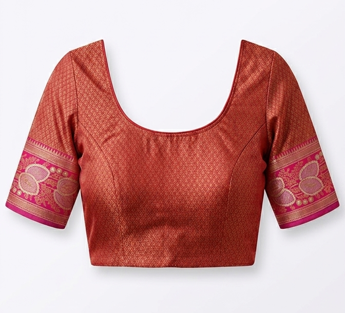Red blouse with intricate patterns on a white background