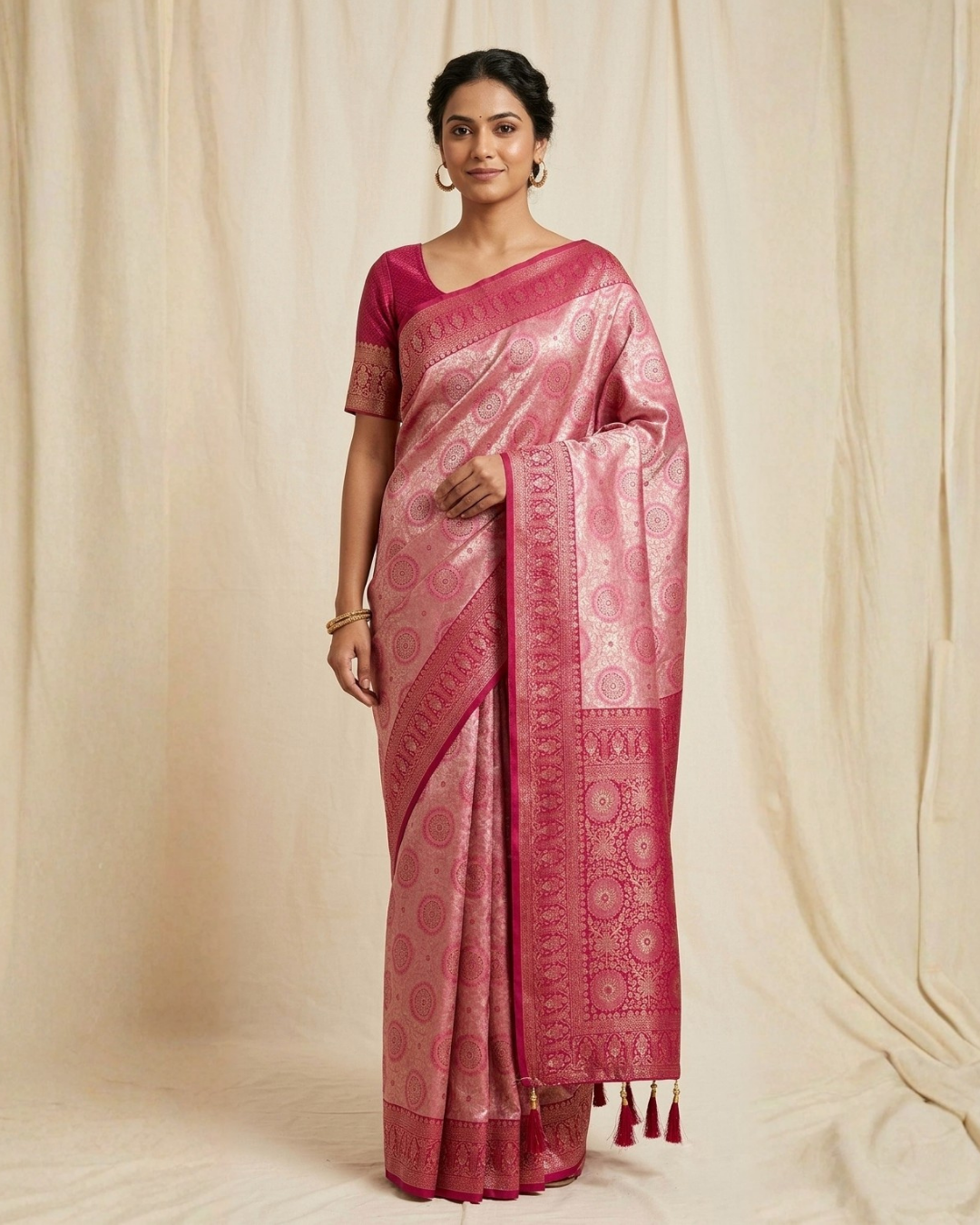 Woman wearing a pink saree with a white background
