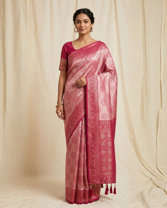 Woman wearing a pink saree with a white background