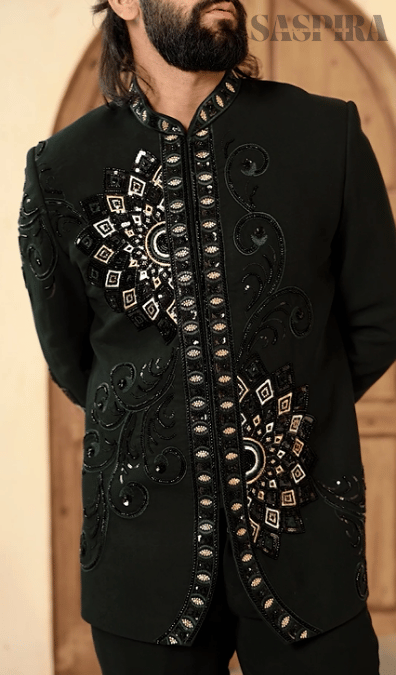 Regal Bloom Jodhpuri – 2-Piece Floral Cutdana Embroidered Suit Elegance in Dark Green