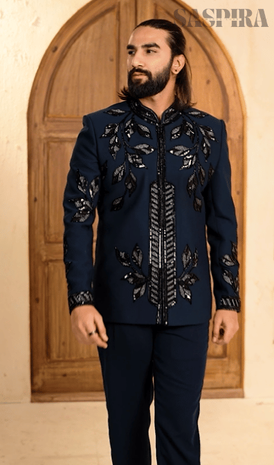 Luxe Teal Blue Cutdana 2-Piece Jodhpuri Set