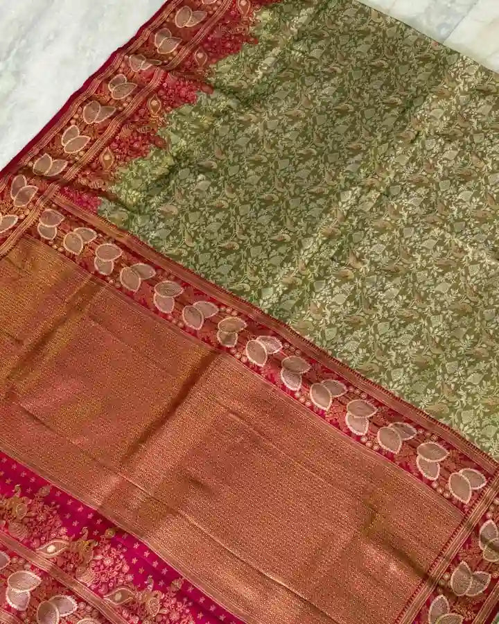 Traditional saree with a green and brown patterned design