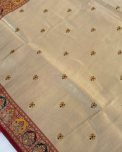 Beige fabric with floral patterns and red border