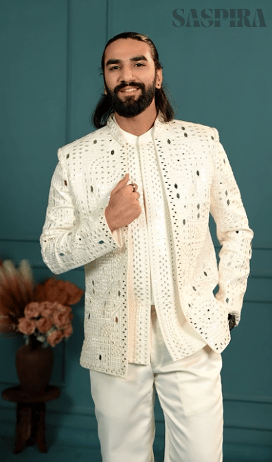 Elite Jodhpuri 3-Piece Suit – Mirror & Sequin Embroidered  Elegance in White