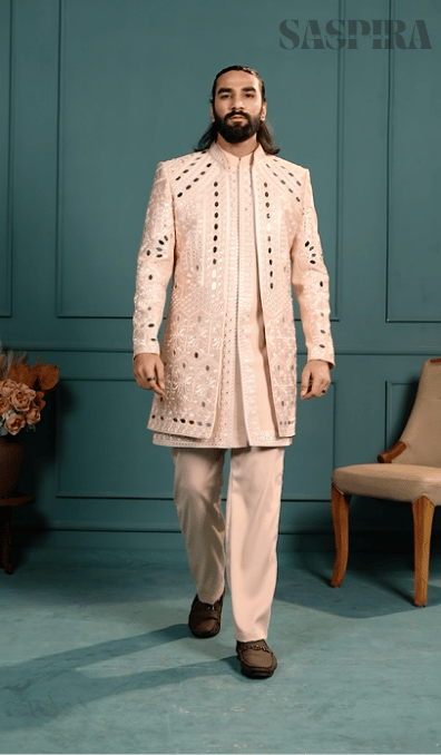 Luxury Peach Mirror 3-Piece Indo Western Set