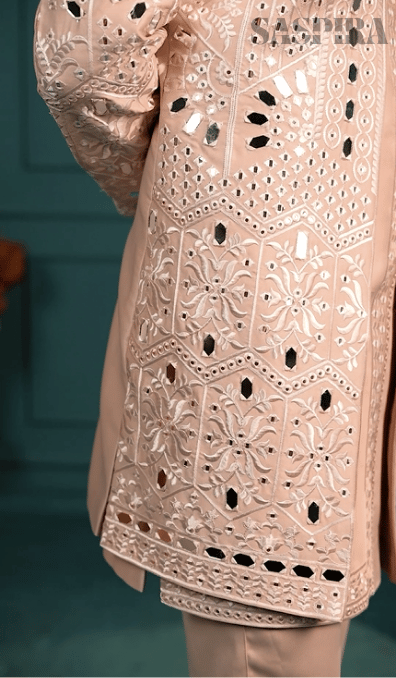 Luxury Peach Mirror 3-Piece Indo Western Set