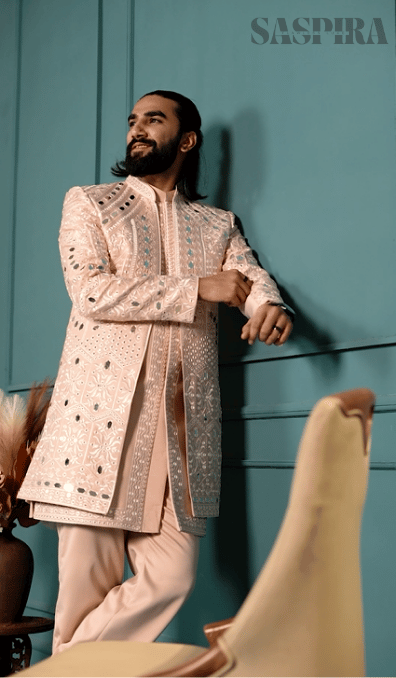 Luxury Peach Mirror 3-Piece Indo Western Set