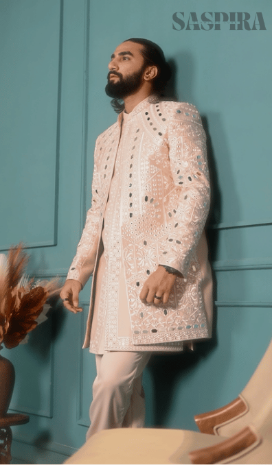 Luxury Peach Mirror 3-Piece Indo Western Set