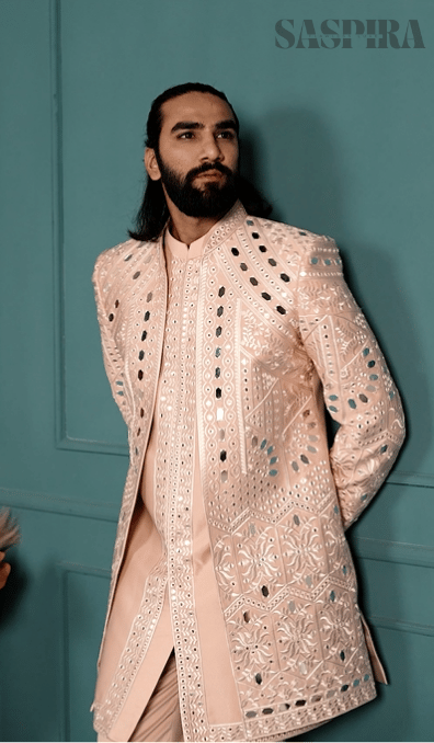 Luxury Peach Mirror 3-Piece Indo Western Set