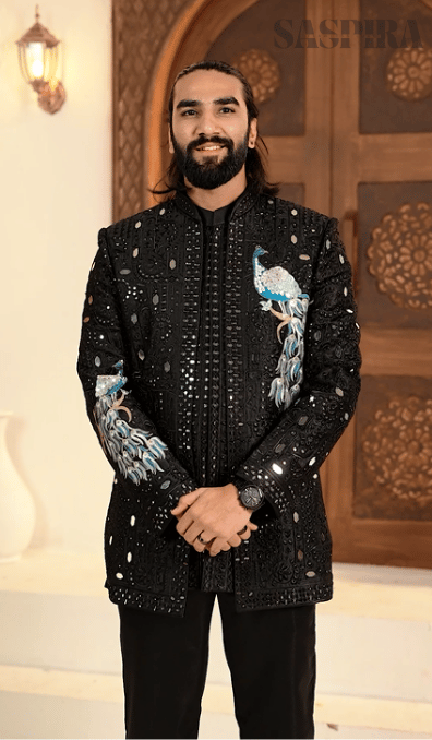 Elegant Black Mirror Peacock 3-Piece Indo Western Set