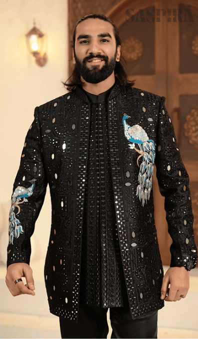 Elegant Black Mirror Peacock 3-Piece Indo Western Set