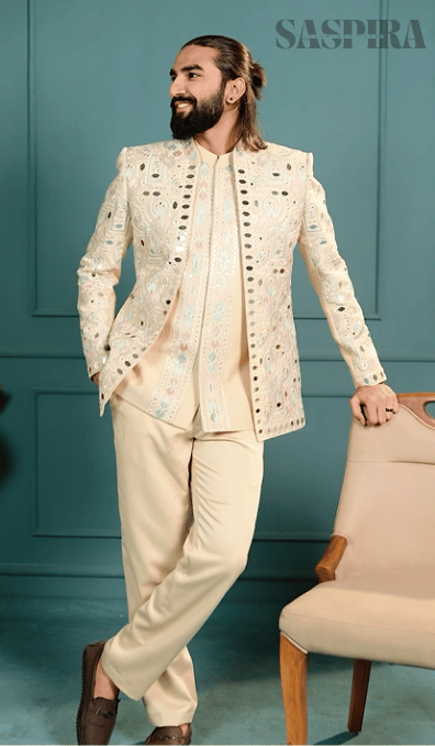Elegant Beige Mirror 3-Piece Open Jodhpuri Western Set