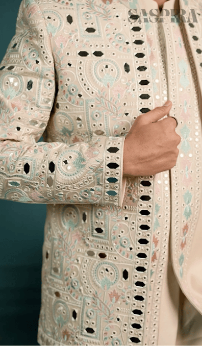 Elegant Beige Mirror 3-Piece Open Jodhpuri Western Set