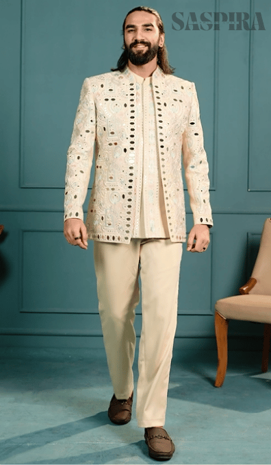 Elegant Beige Mirror 3-Piece Open Jodhpuri Western Set