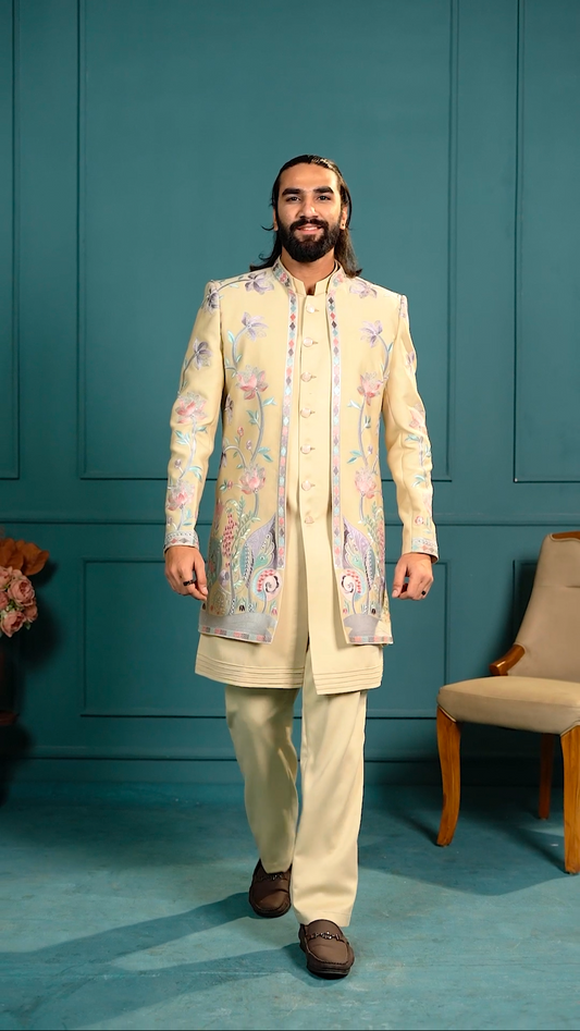 Beige 3-Piece Indo Western Set – Elegant Fusion Wear