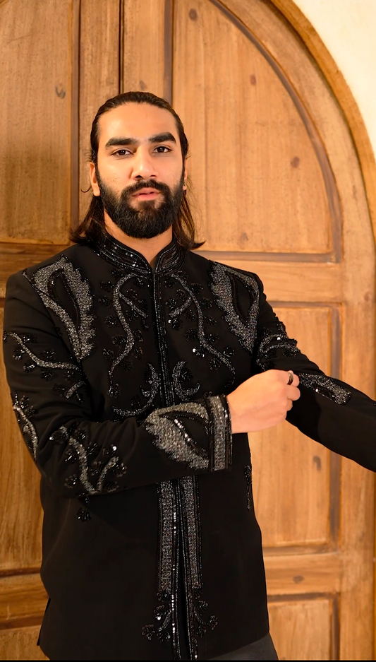 Noir Majesty: Black Cutdana 2-Piece Jodhpuri Set