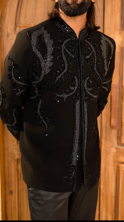Noir Majesty: Black Cutdana 2-Piece Jodhpuri Set