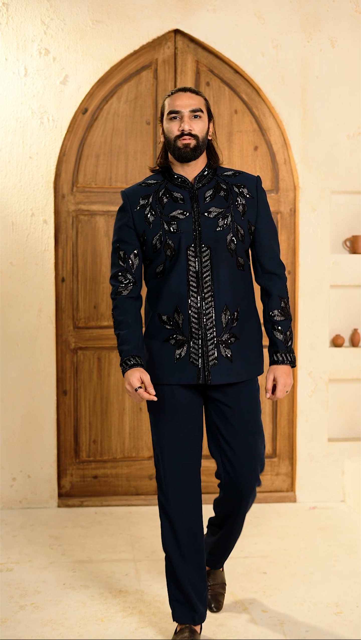 Luxe Teal Blue Cutdana 2-Piece Jodhpuri Set