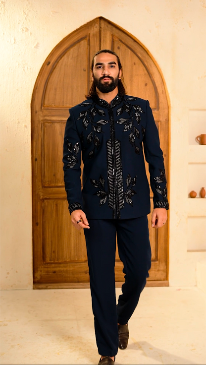 Luxe Teal Blue Cutdana 2-Piece Jodhpuri Set