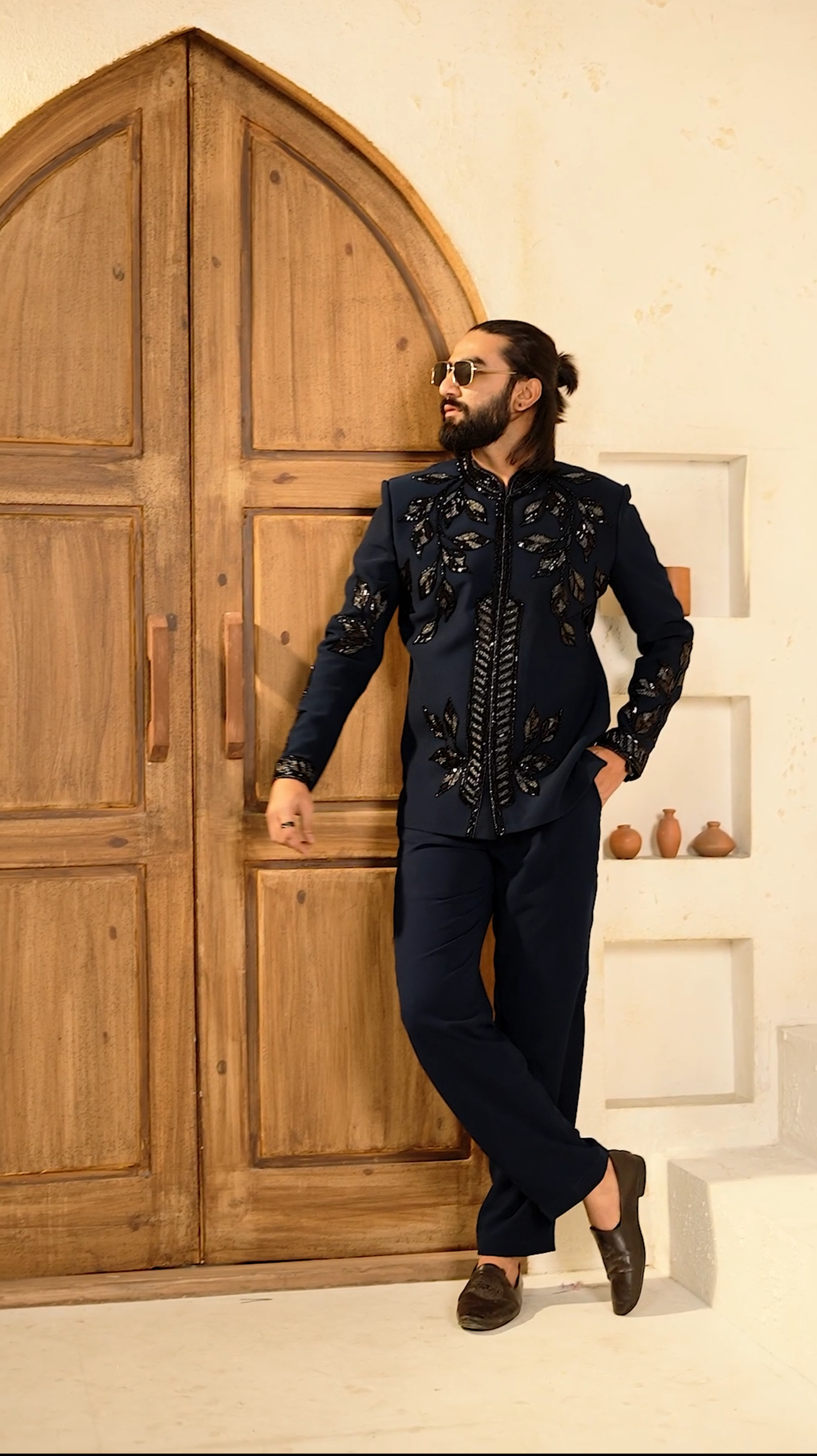Luxe Teal Blue Cutdana 2-Piece Jodhpuri Set