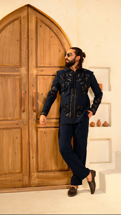 Luxe Teal Blue Cutdana 2-Piece Jodhpuri Set
